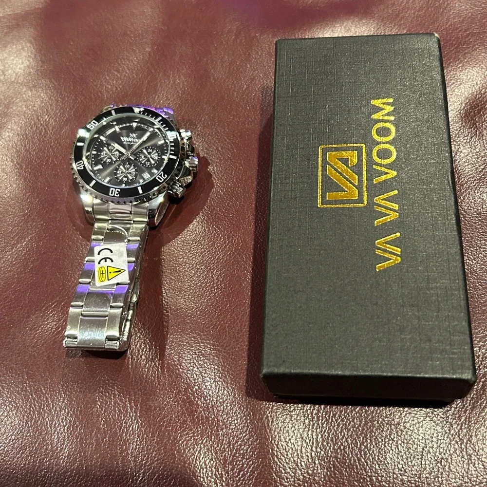 NWT NIB VAVAVOOM Silver Stainless Steel Quartz Chronograph Watch